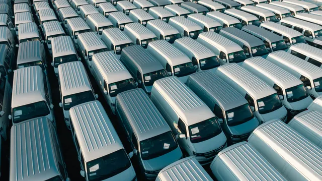 Rows of plain white commercial vans parked in a yard