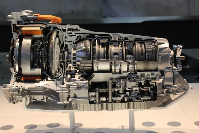 A cutaway automatic transmission showing its internal gearsets